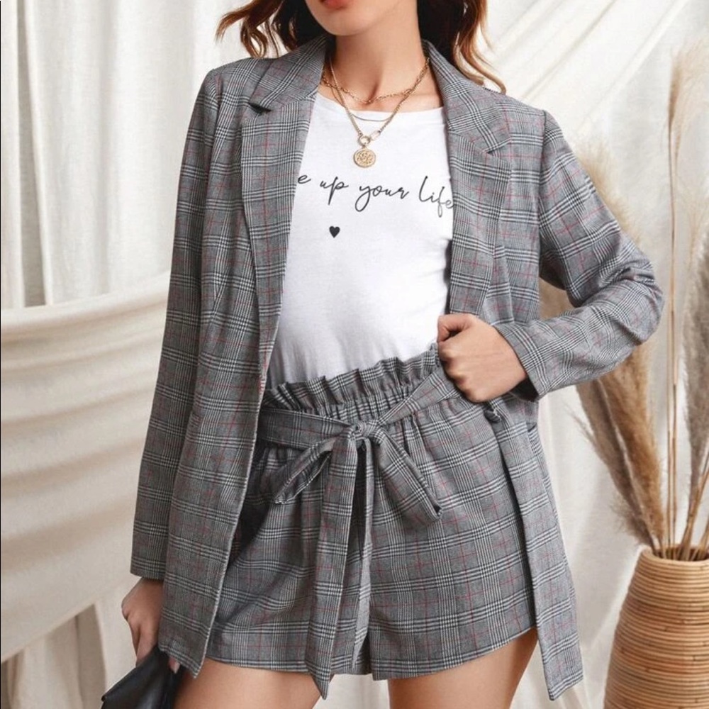 Plaid Blazer & PaperBag Waist Belted Short Set